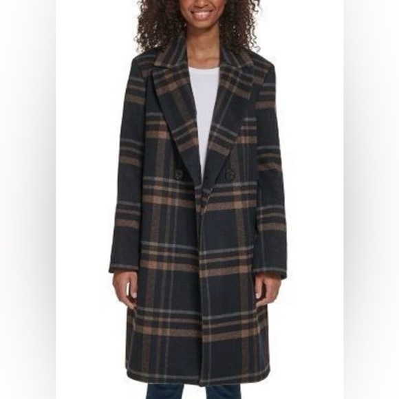 DKNY Women's Black Plaid Wool Blend Notched Lapel Fully Lined Coat - Size M NWT - Picture 1 of 10